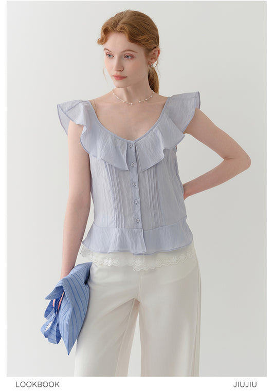 Sleeveless Textured Pintuck Blouse With Flutter Collar