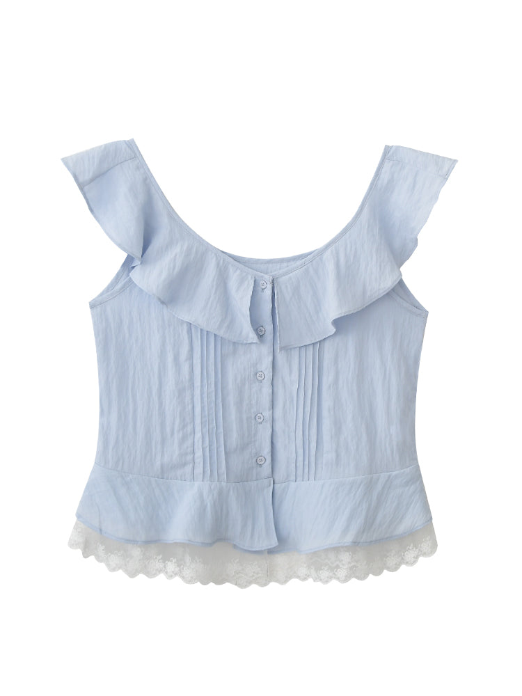 Sleeveless Textured Pintuck Blouse With Flutter Collar