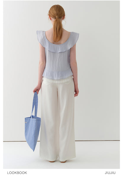 Sleeveless Textured Pintuck Blouse With Flutter Collar