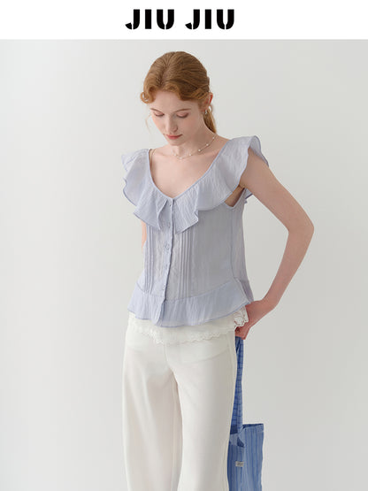 Sleeveless Textured Pintuck Blouse With Flutter Collar