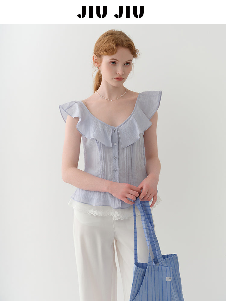 Sleeveless Textured Pintuck Blouse With Flutter Collar
