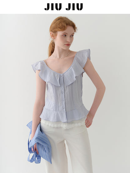 Sleeveless Textured Pintuck Blouse With Flutter Collar