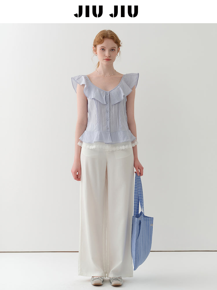 Sleeveless Textured Pintuck Blouse With Flutter Collar