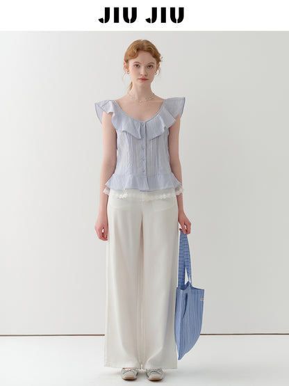 Sleeveless Textured Pintuck Blouse With Flutter Collar