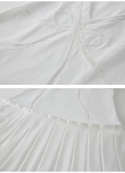 V-Neck Sleeveless Pleated Dress With Lace Ribbon