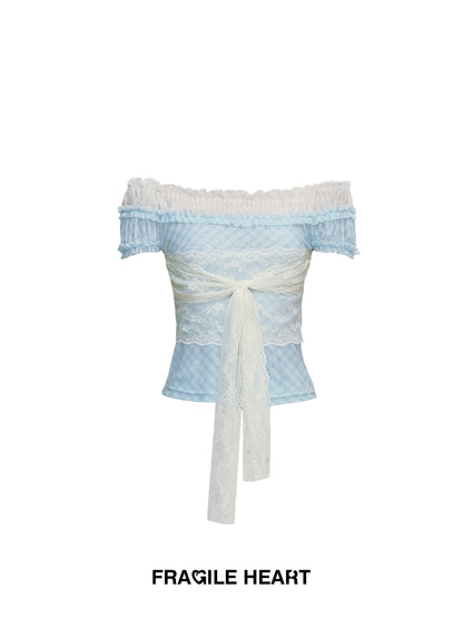 Plaid Off-Shoulder Layered Top With Lace Tie