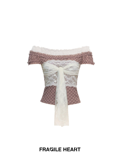 Plaid Off-Shoulder Layered Top With Lace Tie