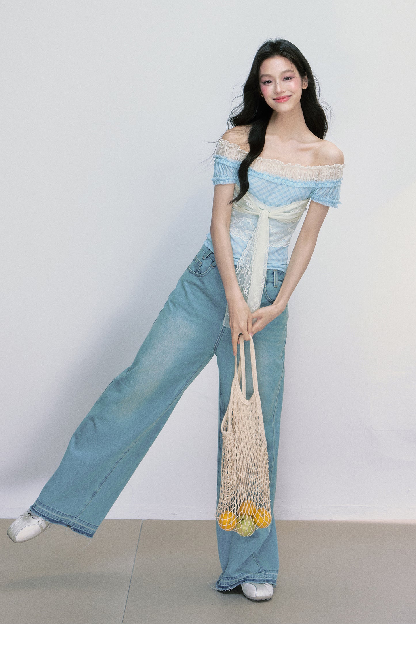 Plaid Off-Shoulder Layered Top With Lace Tie