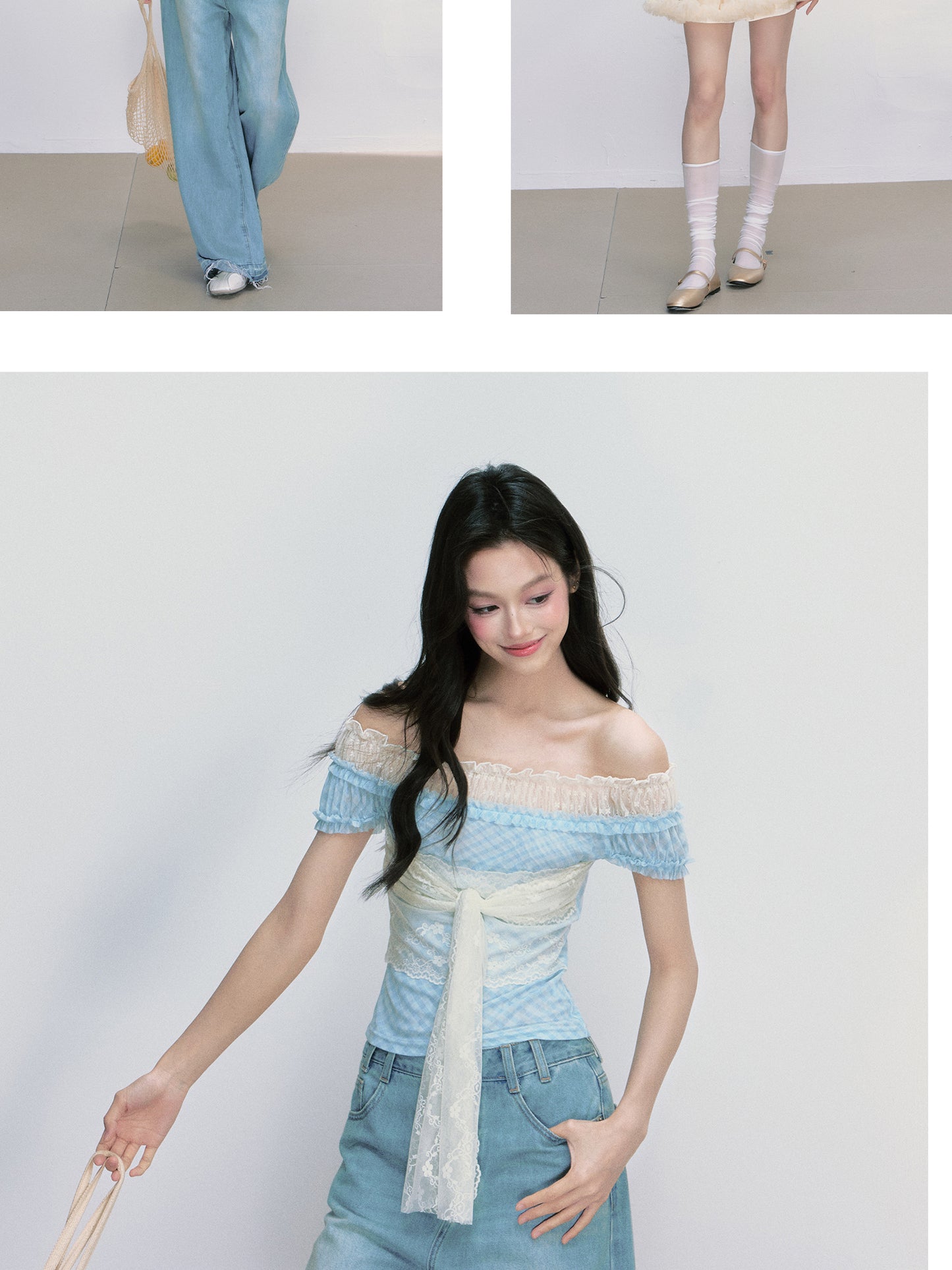 Plaid Off-Shoulder Layered Top With Lace Tie