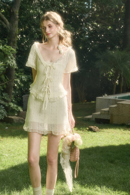 Lace Knit Set-Up With Cami Top, Front-Tie Top, And Skirt