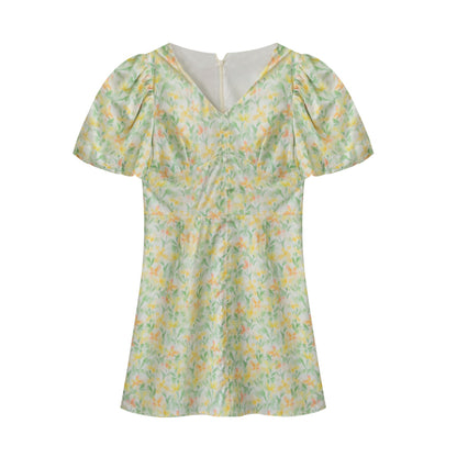 Bubble Sleeve V-Neck Floral Mini Dress