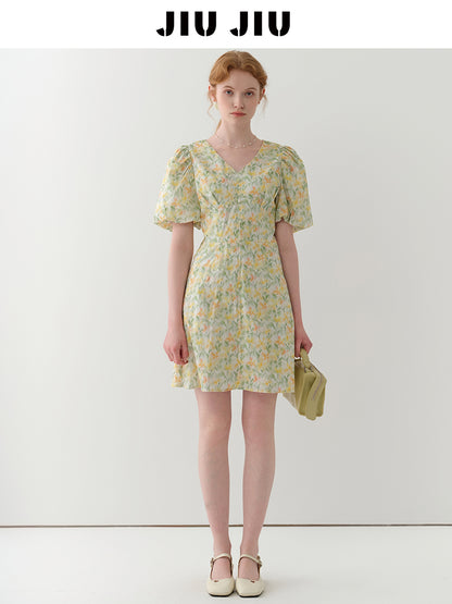 Bubble Sleeve V-Neck Floral Mini Dress