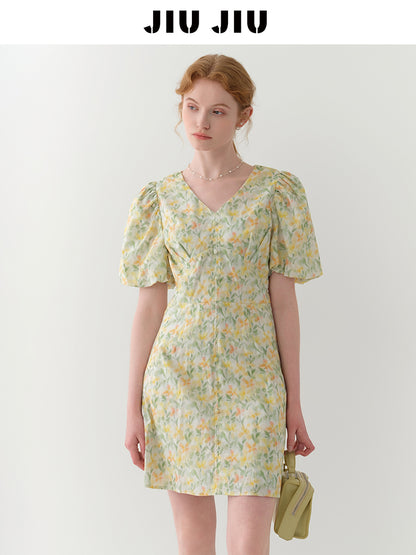 Bubble Sleeve V-Neck Floral Mini Dress