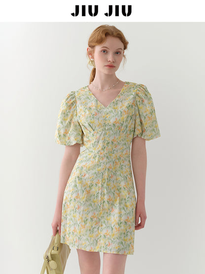 Bubble Sleeve V-Neck Floral Mini Dress