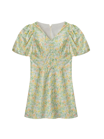 Bubble Sleeve V-Neck Floral Mini Dress
