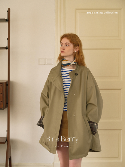 Plaid-Cuff Oversized Cotton Jacket