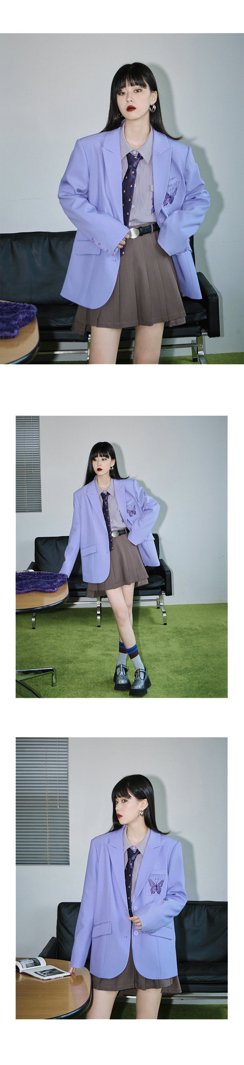 Butterfly Embroidered Stripe Shirt With Tie