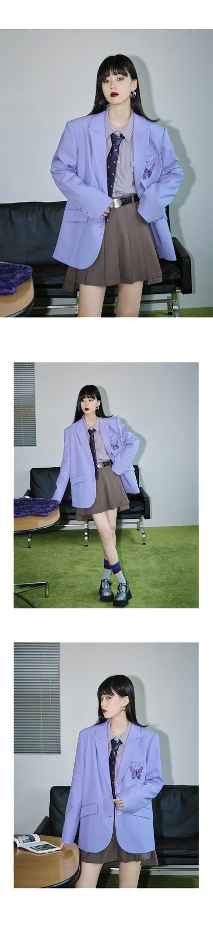 Butterfly Embroidered Stripe Shirt With Tie