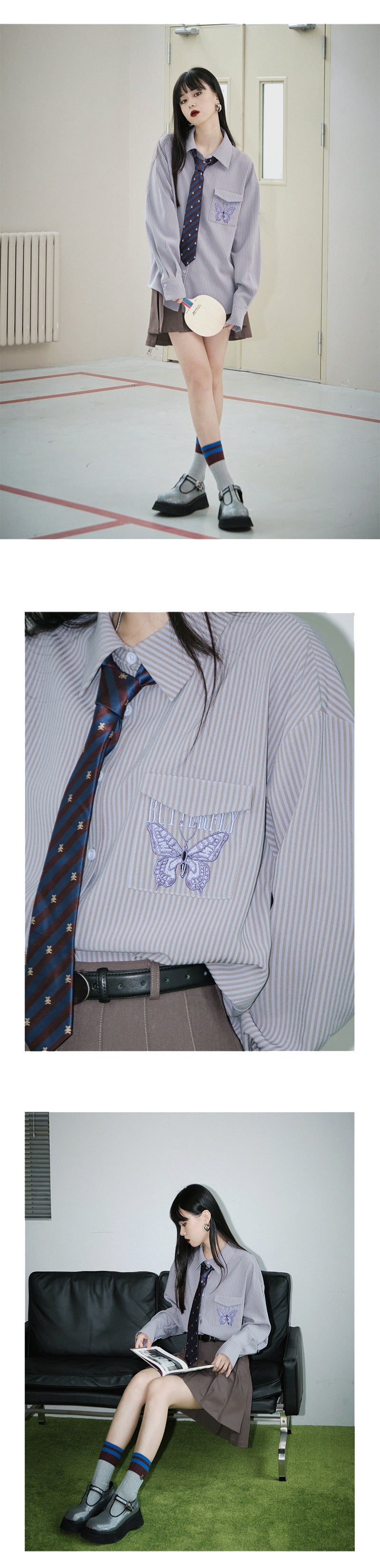 Butterfly Embroidered Stripe Shirt With Tie