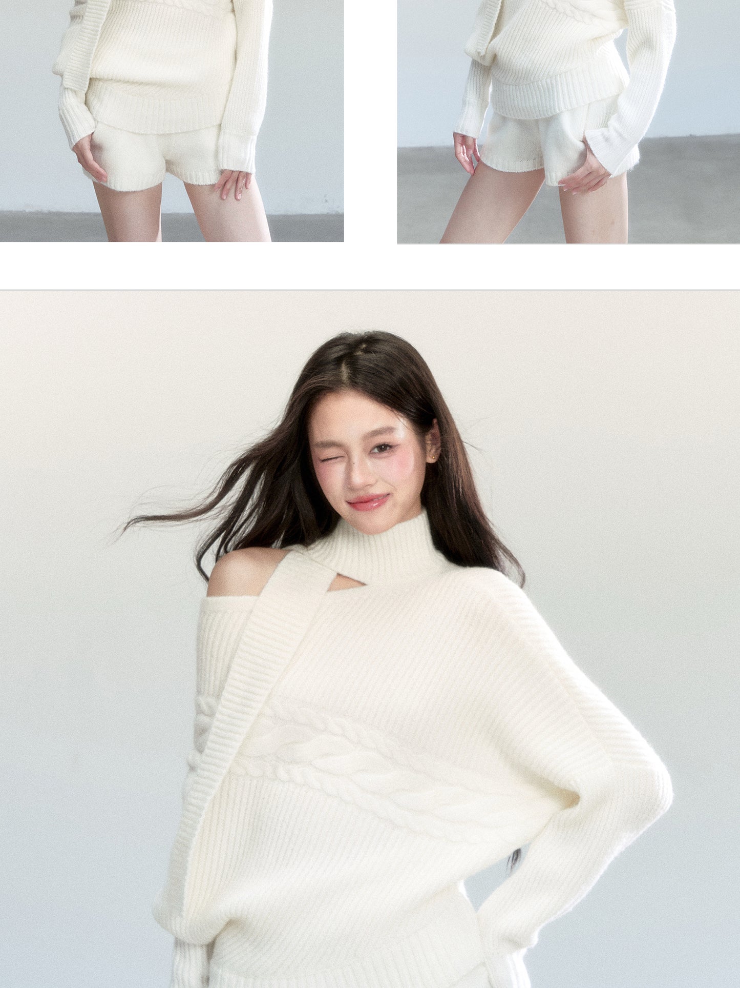 One-Shoulder Cutout Batwing Knit Top And Shorts