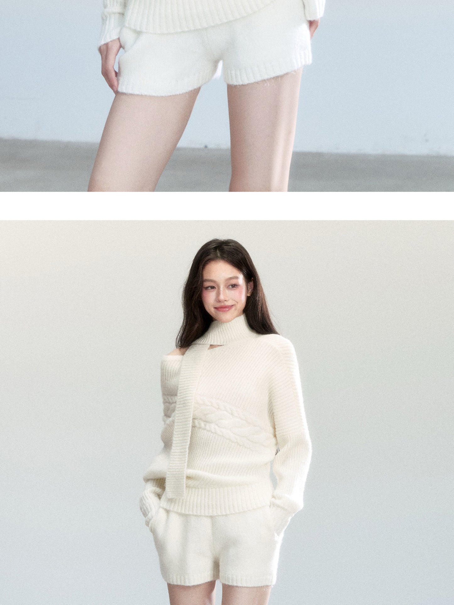 One-Shoulder Cutout Batwing Knit Top And Shorts