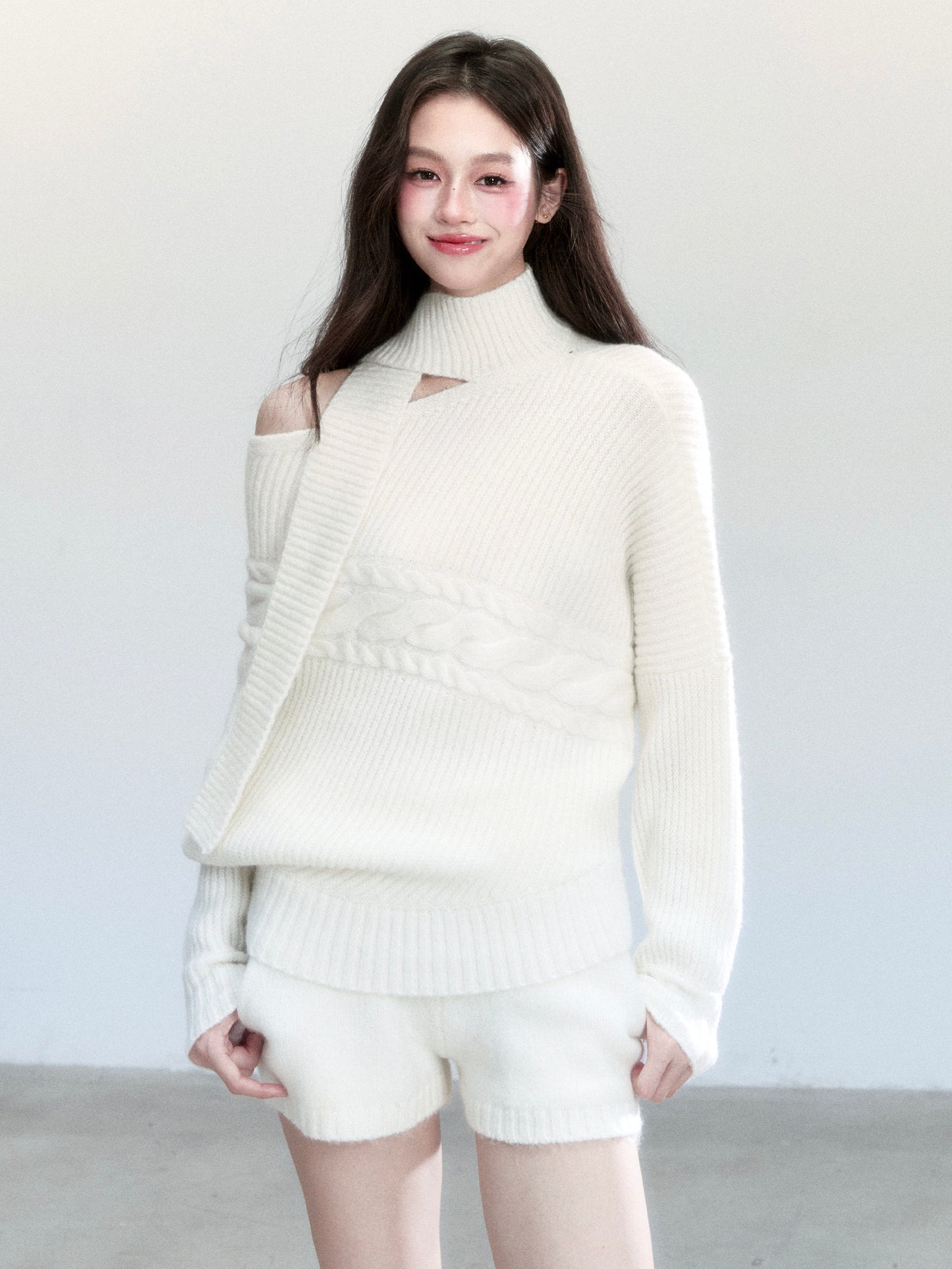 One-Shoulder Cutout Batwing Knit Top And Shorts