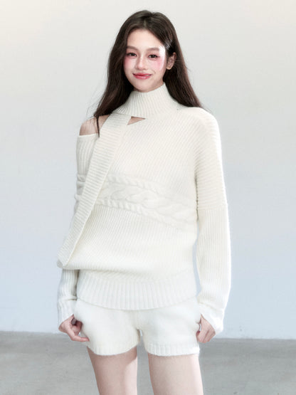 One-Shoulder Cutout Batwing Knit Top And Shorts