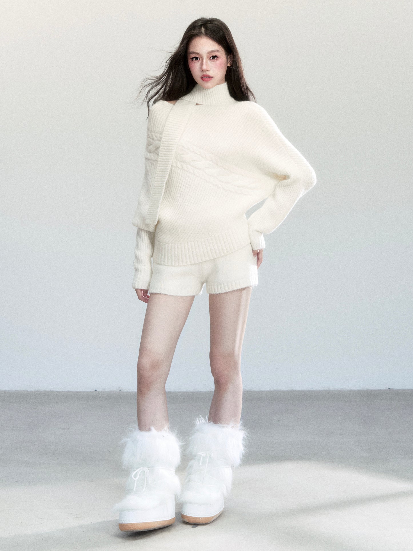 One-Shoulder Cutout Batwing Knit Top And Shorts