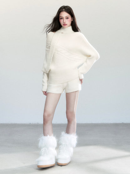 One-Shoulder Cutout Batwing Knit Top And Shorts