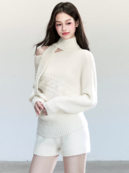 One-Shoulder Cutout Batwing Knit Top And Shorts