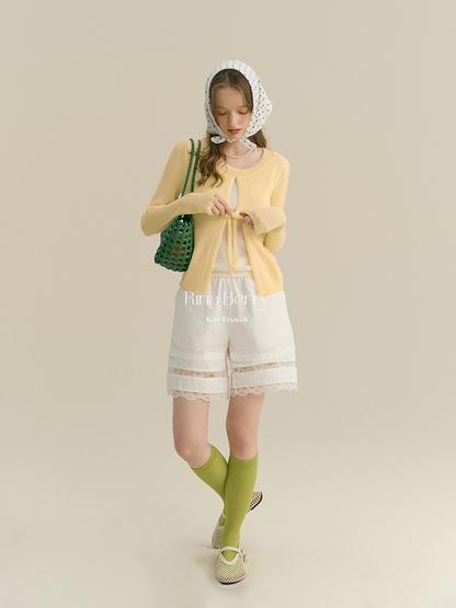 Ribbed Open-Front Knit Top With Bow Detail