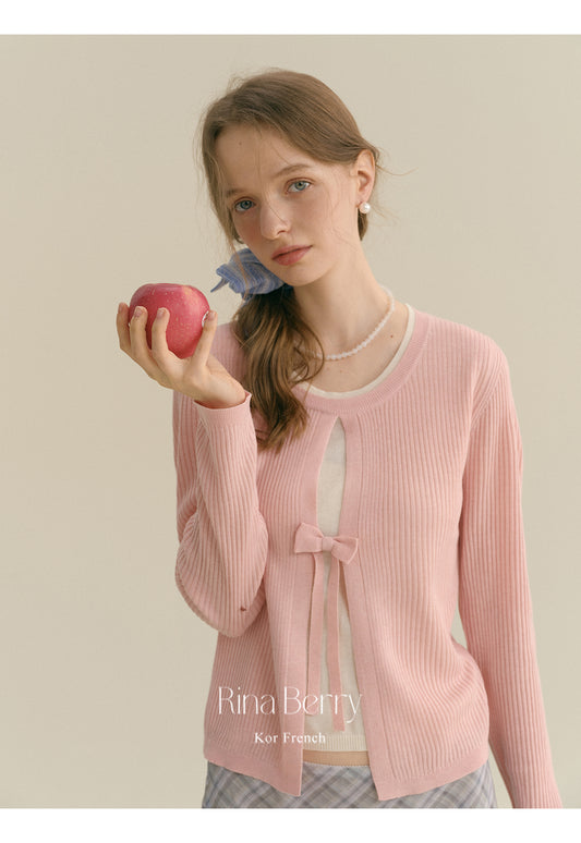 Ribbed Open-Front Knit Top With Bow Detail