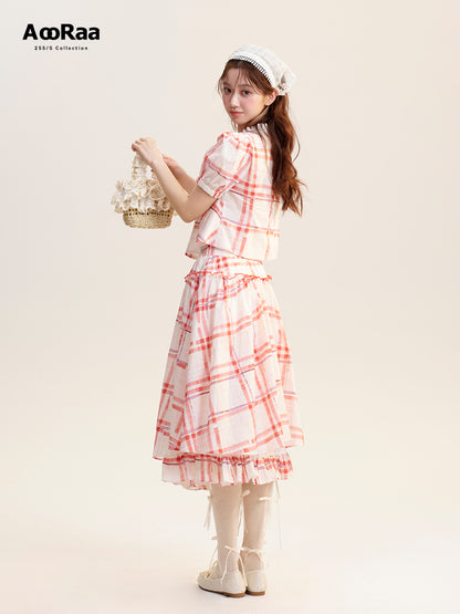 Plaid Square-Neck Blouse & Matching Volume Skirt