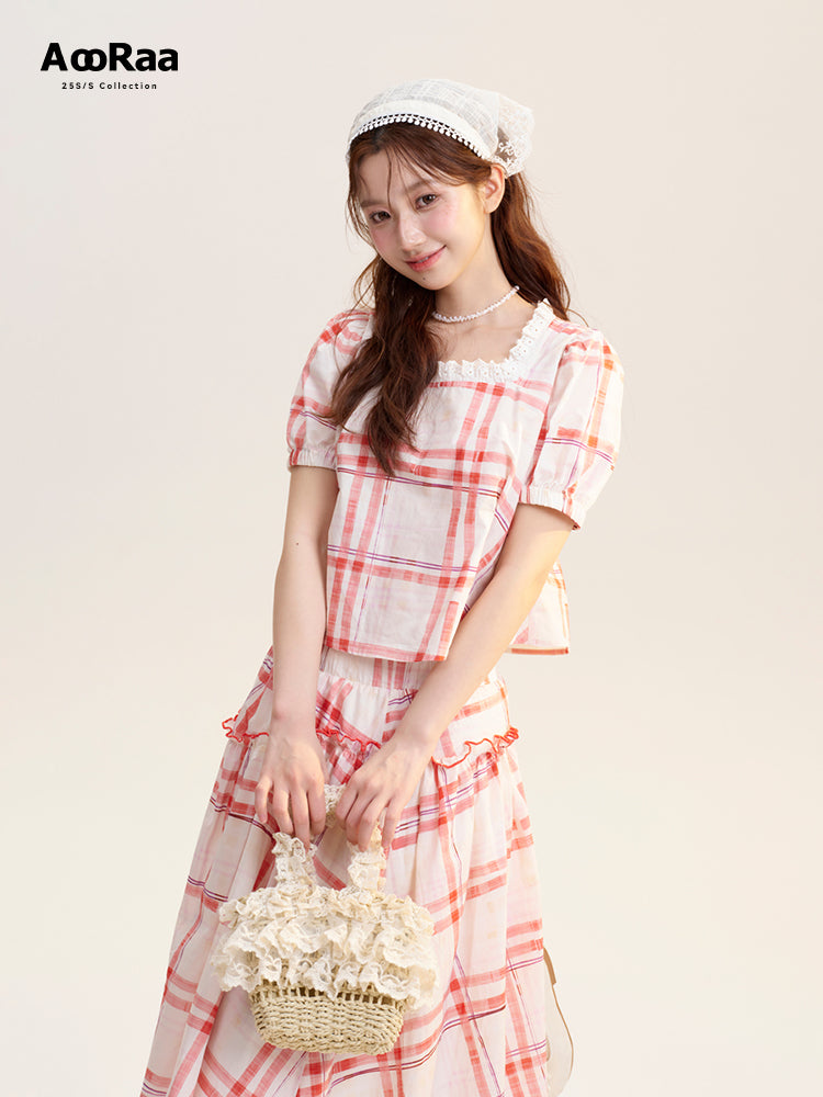 Plaid Square-Neck Blouse & Matching Volume Skirt