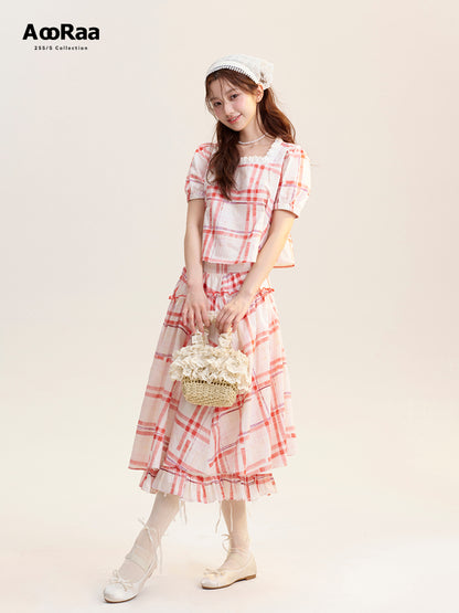 Plaid Square-Neck Blouse & Matching Volume Skirt