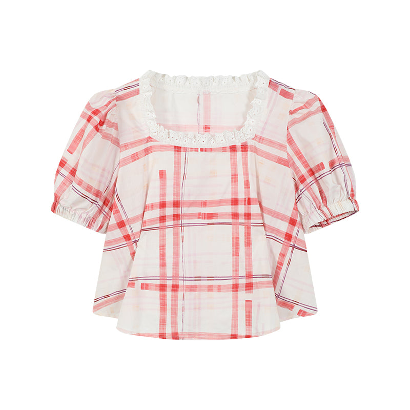 Plaid Square-Neck Blouse & Matching Volume Skirt