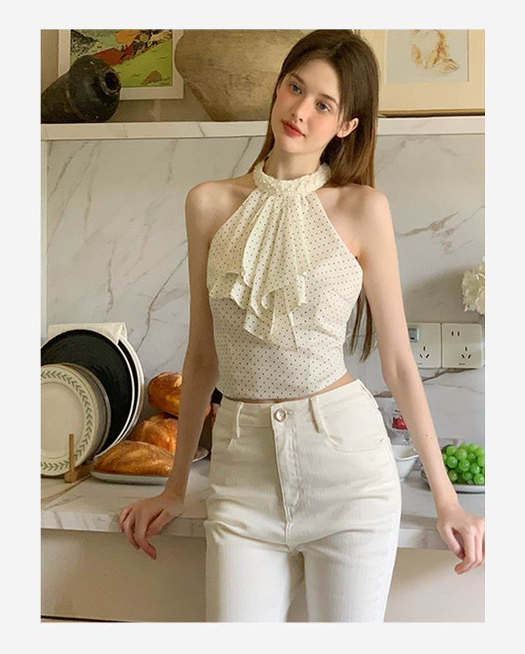 Polka Dot Halter-Neck Jabot Blouse & Skirt