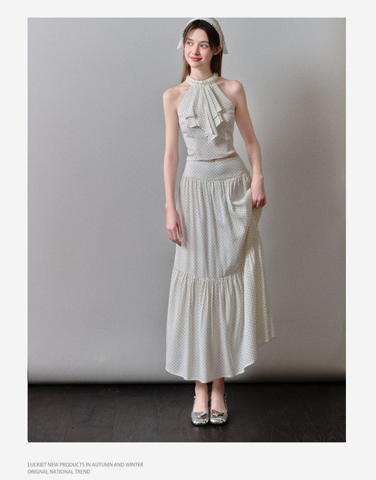 Polka Dot Halter-Neck Jabot Blouse & Skirt