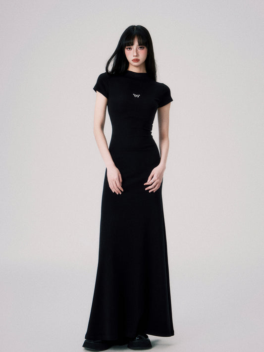 Fitted Mock Neck Maxi Dress With Butterfly Charm