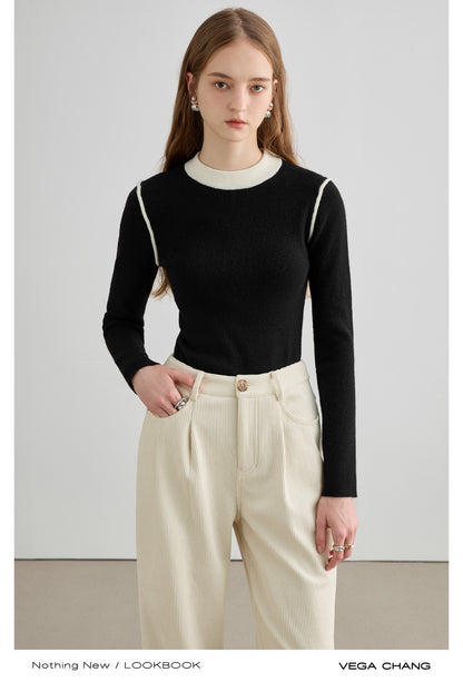 Two-Tone Mock Neck Fitted Sweater