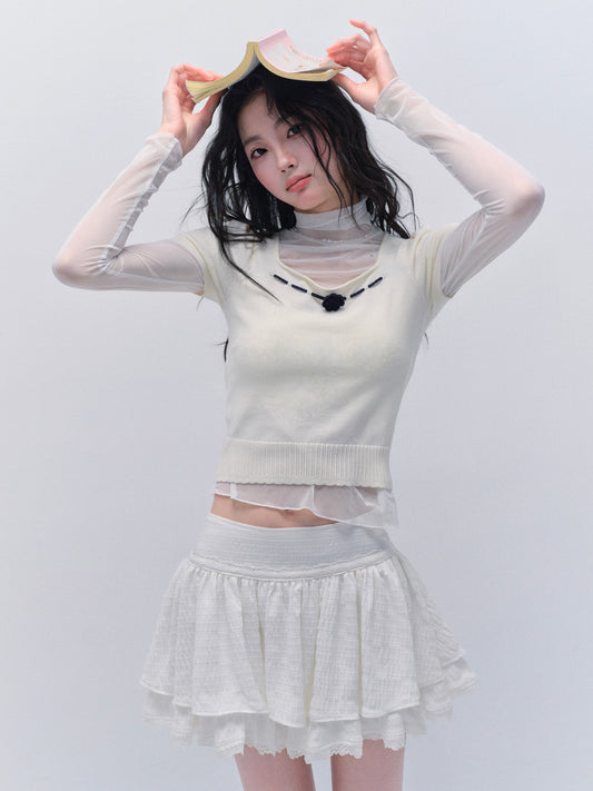 Elastic Square Neck Crochet Flower Knit Top