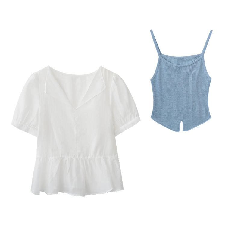 Sheer Puff-Sleeve Blouse With Knit Cami Set
