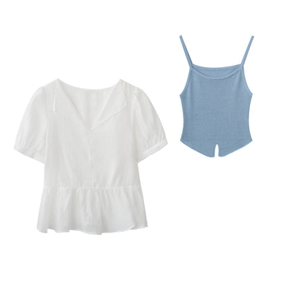 Sheer Puff-Sleeve Blouse With Knit Cami Set