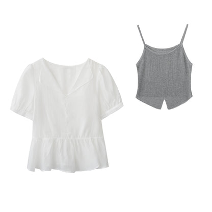 Sheer Puff-Sleeve Blouse With Knit Cami Set