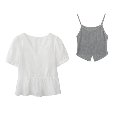 Sheer Puff-Sleeve Blouse With Knit Cami Set (hover)