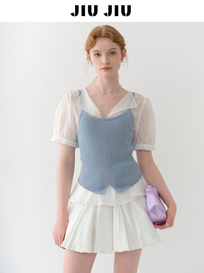 Sheer Puff-Sleeve Blouse With Knit Cami Set