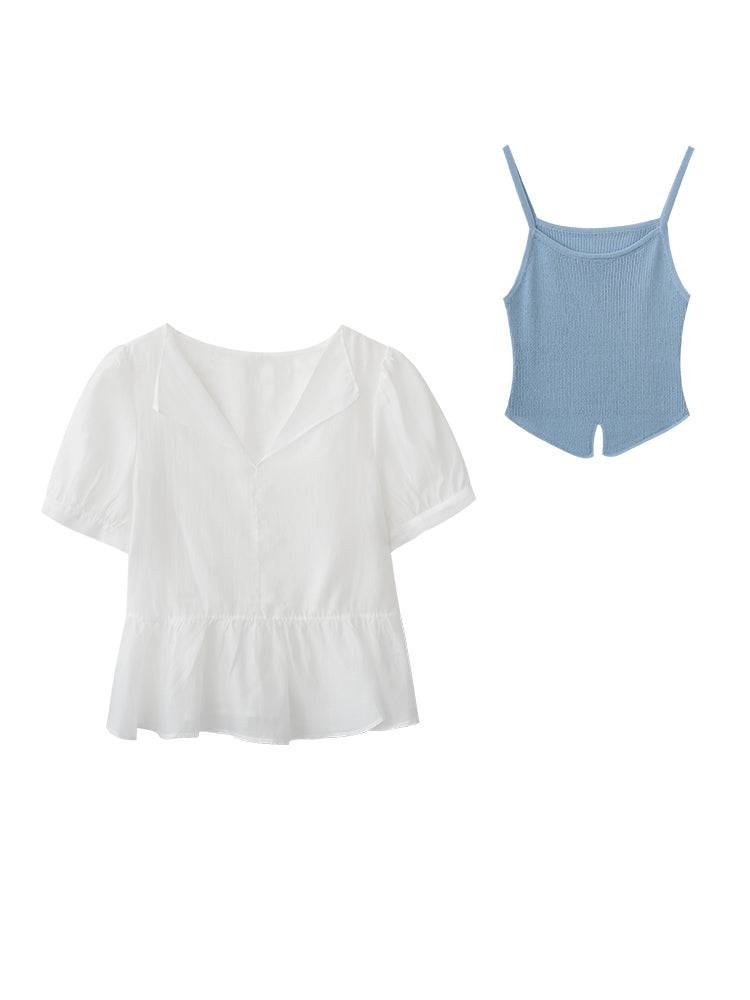 Sheer Puff-Sleeve Blouse With Knit Cami Set