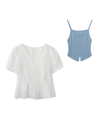 Sheer Puff-Sleeve Blouse With Knit Cami Set