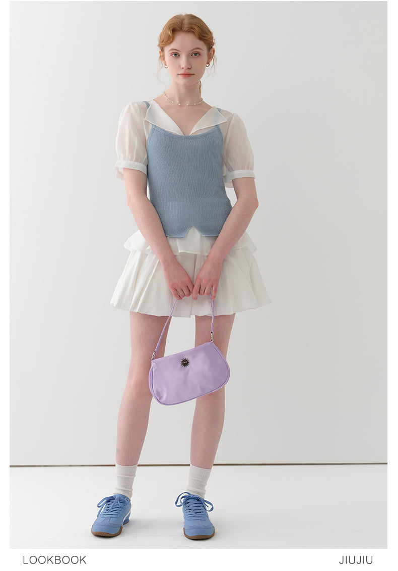 Sheer Puff-Sleeve Blouse With Knit Cami Set