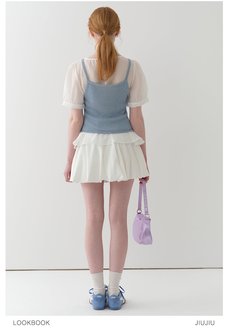 Sheer Puff-Sleeve Blouse With Knit Cami Set